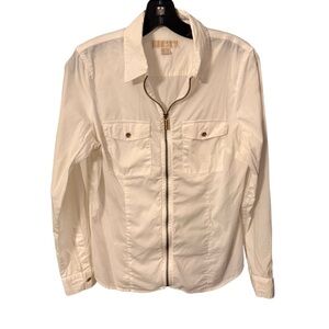 Michael Kors white full zip collared long sleeve top small stretch cotton Sz M